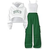 Voxikodex Girls Cute Clothes 3 Piece Cropped Hoodie + Cami Top + Cargo Pants Winter Spring Outfits for Teen Girls Size 7-14Y