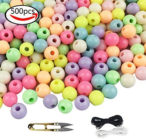 WXBOOM 500pcs 6mm Assorted Colorful Acrylic Bulk Beads Kids DIY Round Plastic Beads with 1 Pair of Scissors, 1 Black and 1 White Cord for Jewelry Making
