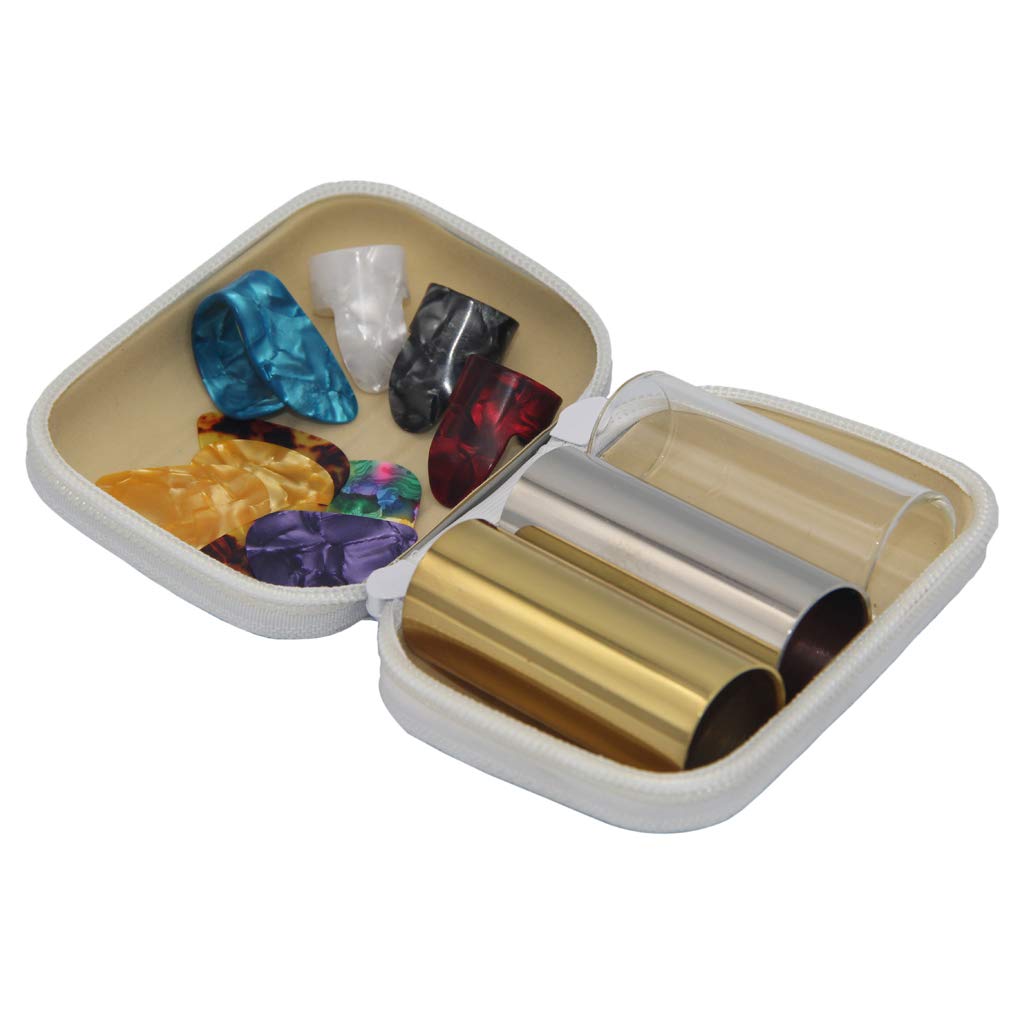 Photo 1 of SUNLP 3 Pieces Medium Guitar Slides (Include 2 Colors Stainless Steel, 1 Pieces Glass), 6 Pieces Guitar Picks and 4 Pieces Plastic Thumb & Finger Picks in Zipper box
