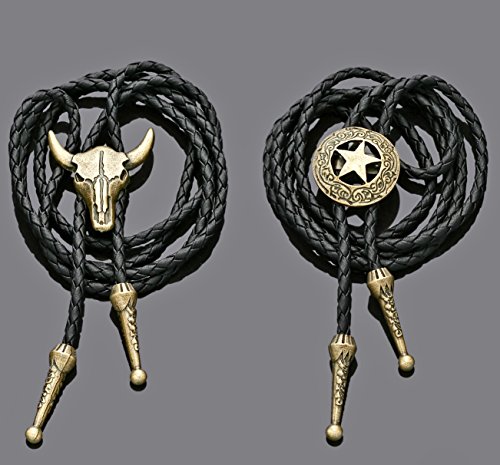 Thunaraz Leather Tie Necktie Cow Skull Texas Ranger Star Chain for Men Gold-tone - Thumbnail 4
