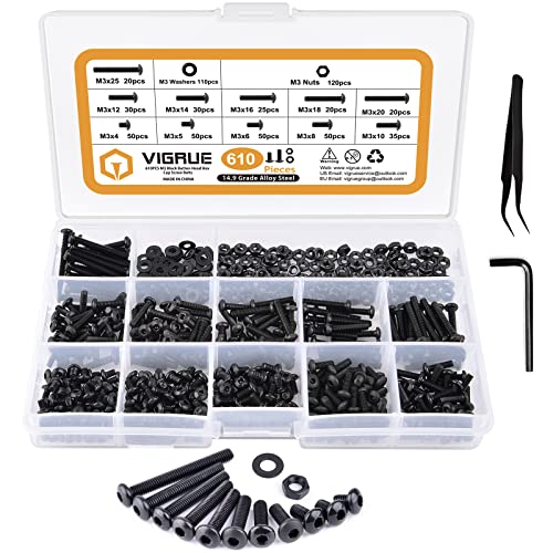 VIGRUE 610PCS 14.9 Grade Alloy Steel M3 Button Hex