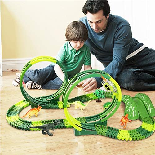 Lydaz Dinosaur Race Car Track Toy Mega Set 306 Pcs, Dual Loops 6 Dinosaurs Figures Flexible Train Track for Kids Boys Girls 3 Years Old and Up - Thumbnail 6