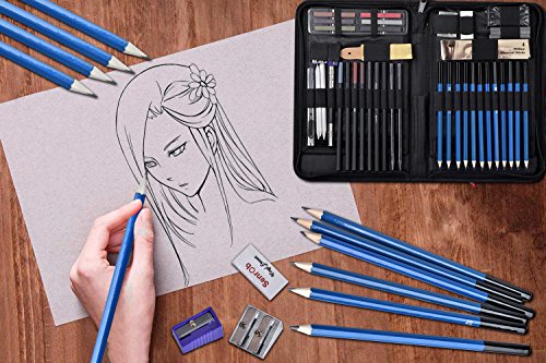 Senrob 48 Pcs Sketch& Drawing Pencil Set with Graphite& Charcoal Pencils, Erasers, Craft Knife, Sketch Book, Zippered Carry Case, Professional Art Kit for Artist, Beginner, Student, Kids & Adults - Thumbnail 7