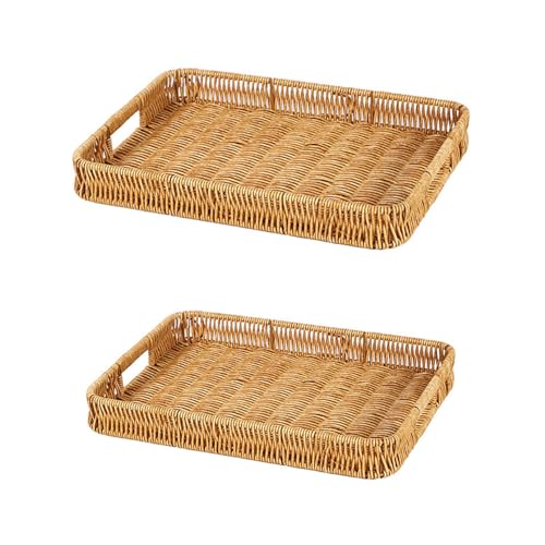 Rectangle Rattan Serving Trays with Handles, Decorative Woven Wicker Organizer Baskets Storage Tray for Coffee Table, Bread, Fruit, Snacks 2 Pack