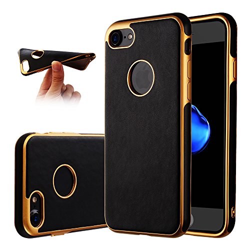 Luxury Leather TPU Cases For Iphone 7 Plus Back Cover Electroplating Frame Hybrid Slim Soft Silicone Cases for Iphone 7 Plus (Black)