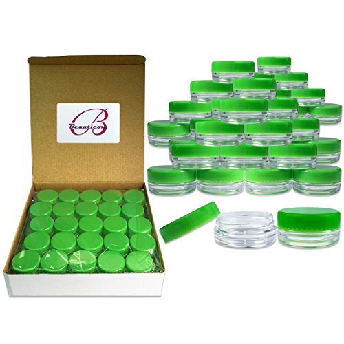 (Quantity: 100 Pieces) Beauticom 3G/3ML Round Clear Jars with GREEN Lids for Scrubs, Oils, Toner, Salves, Creams, Lotions, Makeup Samples, Lip Balms - BPA Free