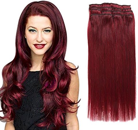 Clip in Human Hair Extensions Remy Hair Straight Burgundy Wine Red(#99j) 7pieces 80grams/2.82oz (20", #99j)
