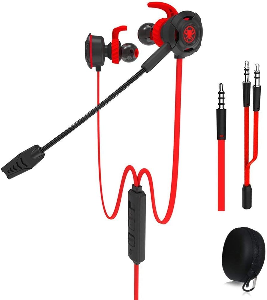 Wired E-Sport Earphone Adjustable Mic PS4, Laptop Computer, Cellphone so on, 3.5mm Wired Earburds Snug Soft Design, Inline Controls Hands-Free Calling (red)