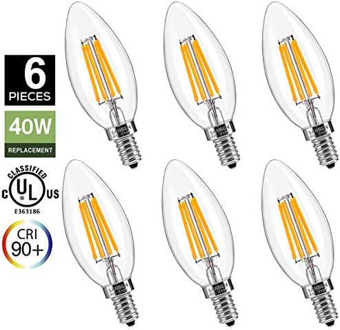 LED Edison Filament Candle bulb, SANSUN 4-Watt (40-Watt Equivalent) Candelabra LED bulbs, E12 Base LED Chandelier Light Bulbs, CRI 90+, 2700K (Warm White), 360°Beam Angle - (Pack of 6)