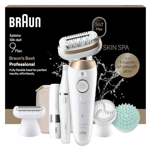 Braun Epilateur Electrique Femme Silk Epil 9, 9-681 3D FaceSpa, Blanc et Or – Etanche, Tête Flexible à 360°, Coffret Epilation Tout-en-Un, Mini Rasoir Visage, Brosse Exfoliante, Sabot Tondeuse