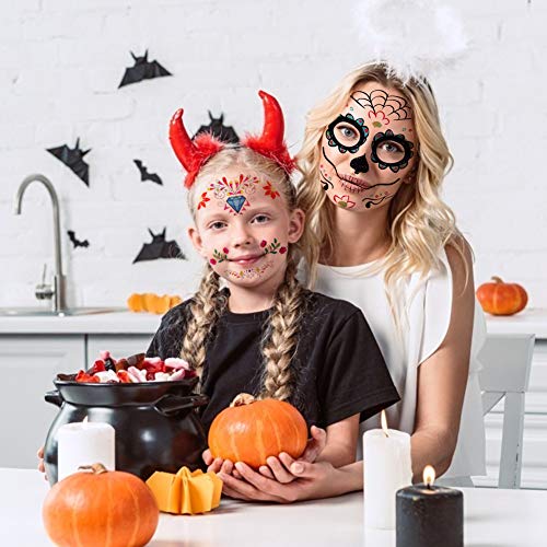 3 otters Halloween Temporary Face Tattoos, 19PCS Sugar Skull Face Tattoos Day of the Dead Temporary Face Tattoos Skeleton Face Stickers for Party Favor Supplies