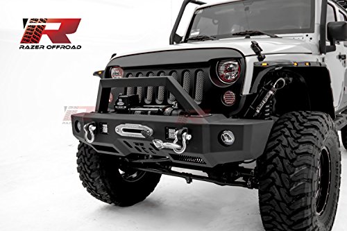 Razer Auto Black Rock Crawler Front Bumper w/Winch Plate & 2x D-Ring & Fog Light Hole & 2x LED Light Mount Hole for 07-18 Jeep Wrangler JK