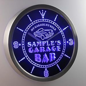 Garage bar message with blue neon lighting