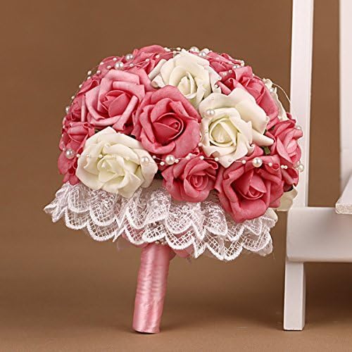Romantic Lace Pearl Chains Bride Bridesmaid Artificial Rose Flowers Bouquet Wedding Gifts Fuschia Ivory