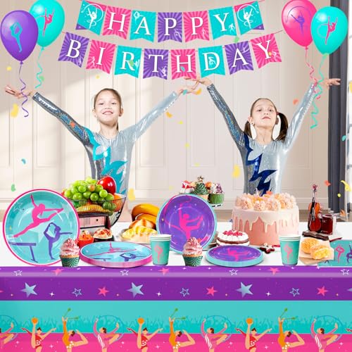 104pcs Gymnastics Party Decorations, Tableware & Gymnastics Birthday Party Decoration – Banner of Gymnastics Balloons Plate Tablecloth etc Supplies for Gymnastics Birthday Parties