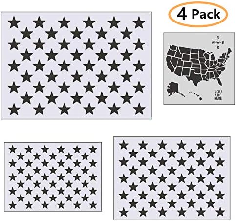 ONEST 4 Pieces Star Stencil 50 Stars American Flag Template and United States Map Template for Painting on Fabric,Airbrush,Wood, Reusable Mylar Stencil with Multiple Sizes Available