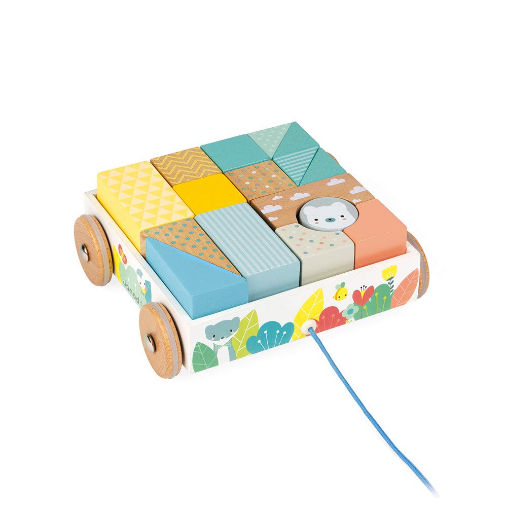 Janod - Pure Wooden Pull-Along Blocks Cart - Early Learning Toy - 16 Blocks Included - Motor Skills Training - Water-Based Paint - from 18 Months Old, J05152