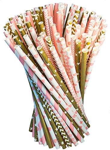 Pink and Gold Paper Straws Drinking Straw Individually Wrapped 7 Fun Patterns Baby Shower Weddings Parties 100 Long Lasting Paper Straws 100% Biodegradable