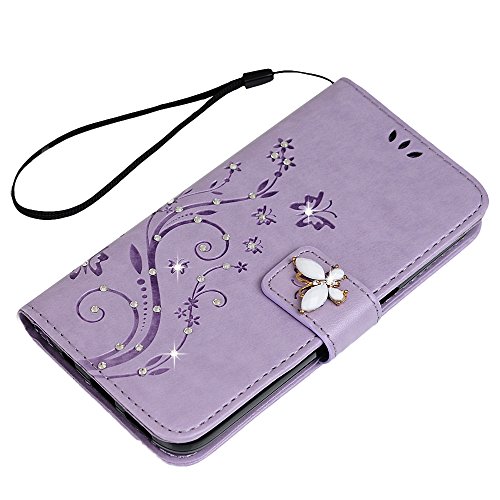 Galaxy S7 Case, Mavis's Diary 3D Handmade Embossed Wallet Bling Diamonds Butterfly Flowers PU Leather Magnetic Flip Folio Protective Shockproof Cover Card Holders - Purple