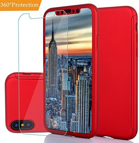 Iphone X Case, Full Body Shockproof Protective Flexible Hard PC Case Ultra Thin LightWeight Anti Scratch Dual Layer Removable Hybrid Cover with Tempered Glass Screen Protector for Iphone X (Red)
