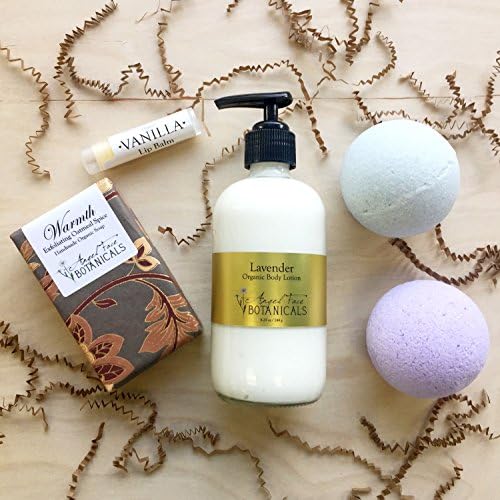 Warmth Bath + Body Gift Set with Organic Lavender Lotion, Organic Oatmeal Spice Soap, Organic Vanilla Lip Balm + 2 Giant Bath Fizzies Made with Essential Oils