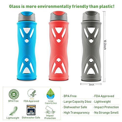 SHOKE Pure BPA-Free Glass Water Bottle with Protective Silicone Sleeve&Leak proof Lid & 24 Oz & Flip Top