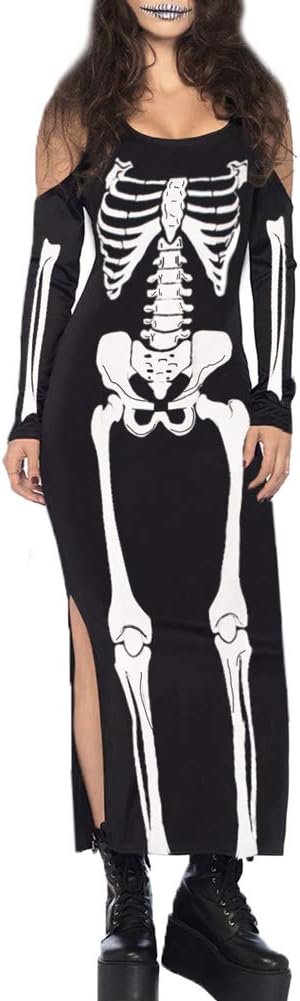 For G and PL Halloween Women's Skeleton Slit Cold Shoulder Maxi Dress