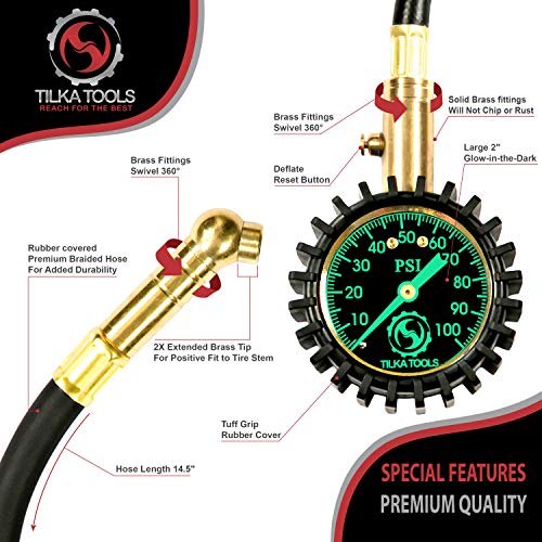 TILKA TOOLS Tire Pressure Gauge Choose Tire Gauge Pressure (0-60)(0-75)(0-100) PSI Gauge with Analog Dial Heavy Duty for Truck Motorcycle Car or Bike Tire Gauge as Garage Gifts for All Men and Women