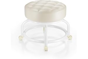 Kiseely Rolling Scoot Stool, 360° Round Rolling Metal Stool with Caster Wheels for Office, Shop, SPA. Home, Stool Chair | Heavy-Duty/Sturdy | Comfortable| Low to Ground (White K1)