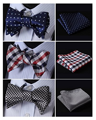 HISDERN 3pcs Mixed Design Classic Men's Self-Tie Bow tie & Pocket Square - Multiple Sets