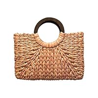 PROKTH Top Handle Straw Handbag,Beach Handbag,Retro Straw Bag with Round Wooden Handle,Big Capacity Square Straw Weaving Bag Travel Tote Purse for Summer Women Beach Bag