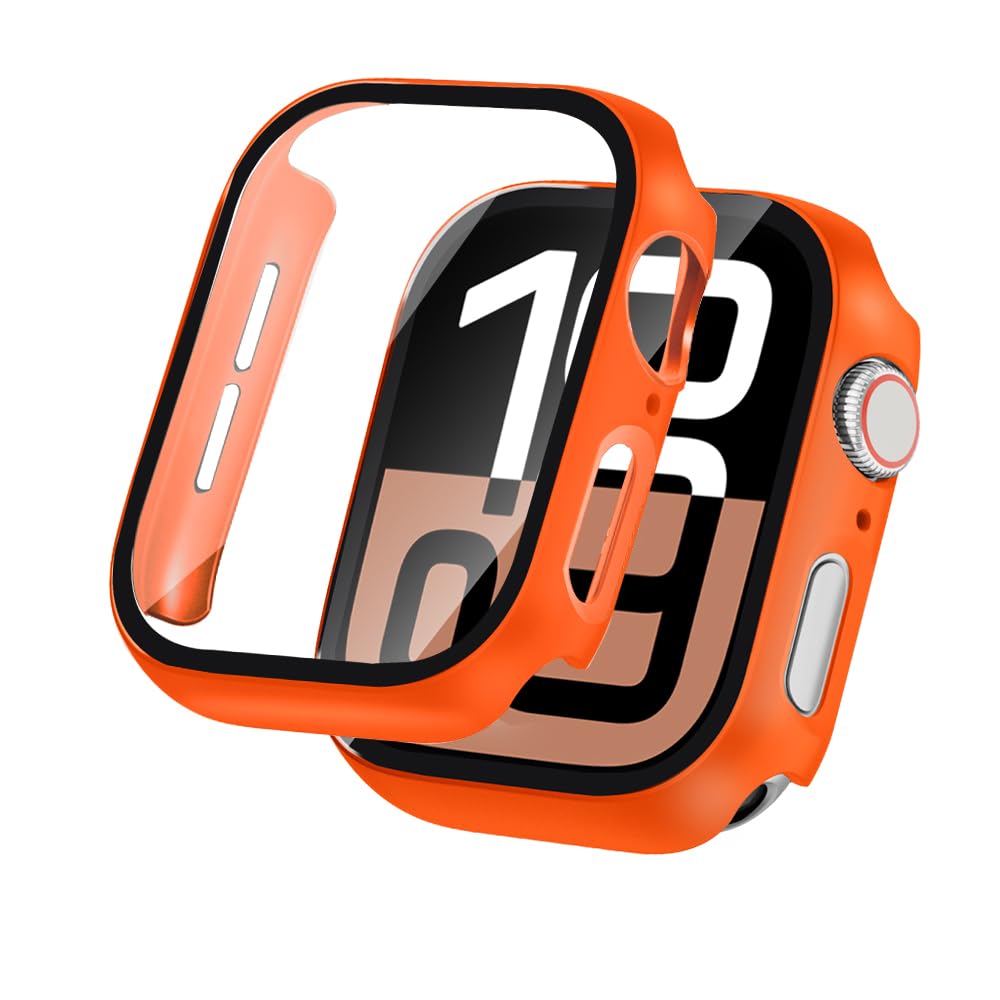 LINTEKER 2 Pack Hard Case for Apple Watch Series 11 (2025) / Series 10 Screen Protector 42mm, with 9H Tempered Glass Screen Protector, Full Protective Cover for iWatch Accessories 42mm, Orange