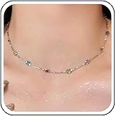 Aneneiceera Vintage Colorful Square Choker Necklace Gold Tiny Rainbow Necklace Small Cz Crystal Bead Necklace Multi Color Rhinestone Collar Necklace Chain Necklace Jewelry for Women