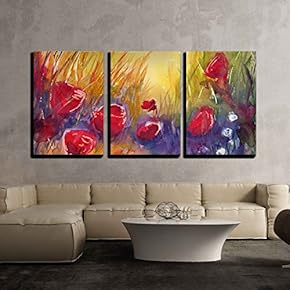 3 Piece Canvas Wall Art - Poppies, Flowers, Modern Home Art Stretched and Framed Ready to Hang - 16"x24"x3 Panels