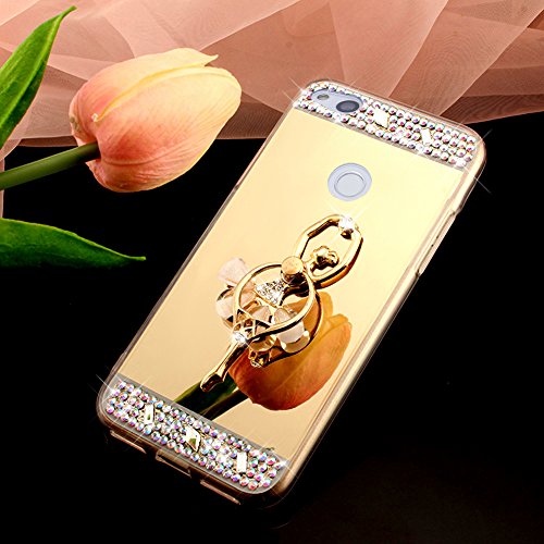 PHEZEN Huawei Nova Case,Huawei Nova Mirror Case,Glitter Case with Kickstand, Bling Diamond Rhinestone Gold Mirror Back Shock Absorption Bumper Soft TPU Protective Case for Huawei Nova