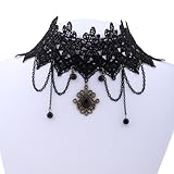 Yazilind Lolita Black Braided Fabric Lace Choker Beads Tassel Chain Necklace 14in
