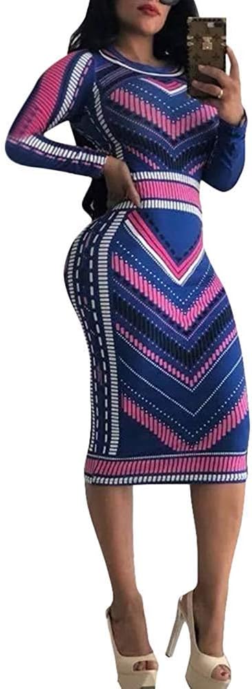 Dress for Women Elegant Long Sleeve - Stretchy African Floral Bodycon Midi Dress