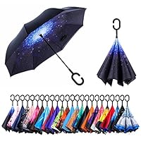 AmaGo Windproof Inverted Umbrella - UV Protection Double Layer Reverse Folding Long Self Standing Umbrella with C-Shape Handle for Car Rain Outdoor Travel(Galaxy)