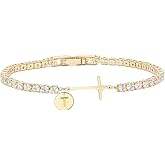 Valentines Day Gifts Gold Cross Bracelets for Women - 14K Gold Plated 3mm Cubic Zirconia Classic Tennis Bracelet Dainty Initial Bracelet Letter A-Z Charm for Religious Christian Gifts Women Trendy Jewelry Gifts