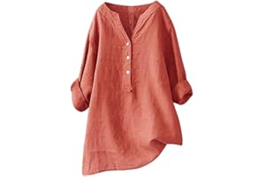 GIERIDUC Women's Cotton Linen Henley Shirts Solid Button Up Long Sleeve Baggy Shirt Casual Loose Blouse Oversiazed Tops 2024