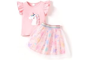 RETSUGO Girls Tulle Skirt Set Two Piece Ruffle Sleeve Unicorn T-Shirt Tutu Dress Summer Birthday Party Outfit 2-10 Years