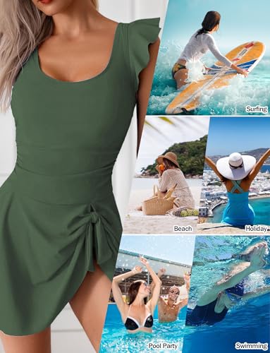 SEAUR One Piece Swimsuits for Women Modest Tummy Control Swimdress Vintage Knotted Bathing Suits Skirt