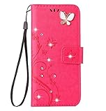 Auroralove iPhone 8 Plus Luxury Handmade Bling Rhinestone Soft Slim Flip Stand Wallet Case for iPhone 8 Plus Flower Butterfly PU Leather Case for Girls Women (iphone 8 plus, Rose Red)