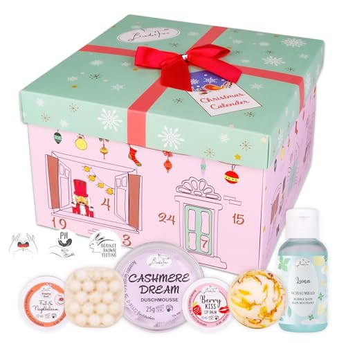 BadeFee Beauty Adventskalender für Frauen "Nussknacker" 2025, 24 ausgewählte Kosmetikprodukte: Duschmousse, Deocreme, Handcreme uvm. – ohne Silikone, Weihnachtskalender handgemacht in Deutschland