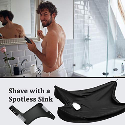 Barber Cap Beard Apron Bib Hair Clippings Catcher With Beard Shaping Tool, Scissors & Bag Mens Gifts Waterproof and Non-Stick Grooming Beard Cape Apron for Shaving Suction Cups Gift for Men (Black) - Image 2