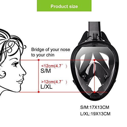 ROCONTRIP Full Face Snorkel Mask, Free Breathing 180Â° Panoramic View Diving Mask, Anti-Fog Anti-Leak and Adjustable Head Strap Snorkeling Mask for Men Women Adult (Black, S/M)