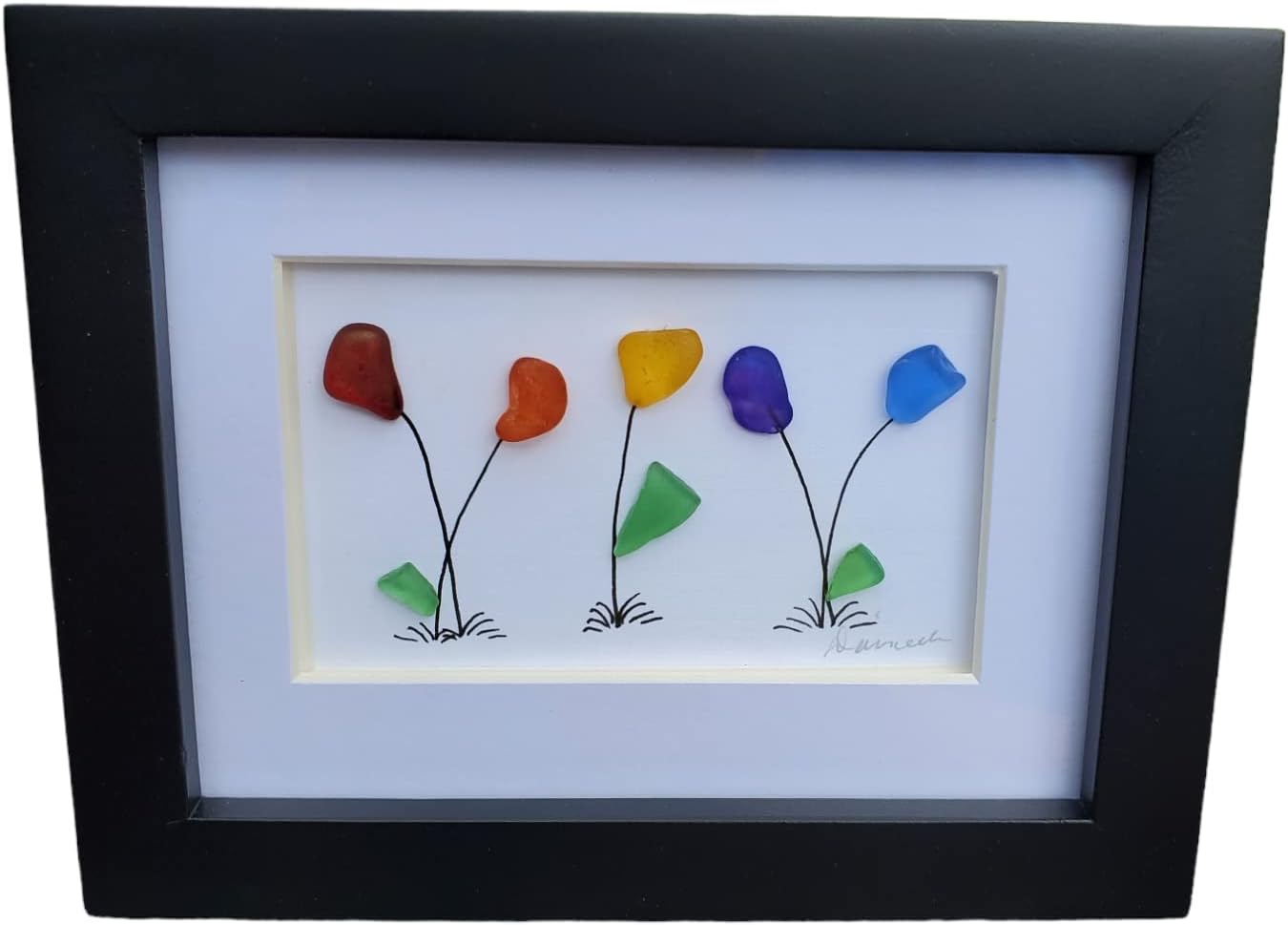 Mixed Media - Mini Desk art Rainbow Pride Sea glass Flowers Art, LGBT ART, Celebrate pride, Framed art with Seaglas. Pebble art Handmade in Maine