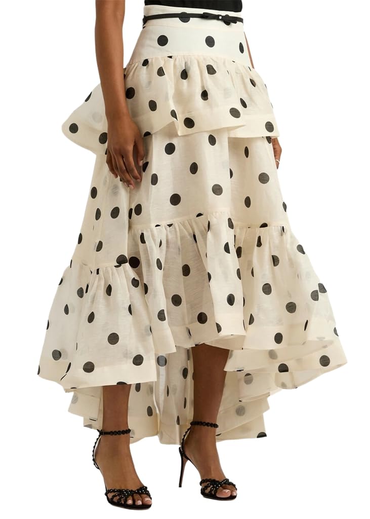 Photo 1 of THLAI Women Polka Dot Maxi Skirt Ruffle Layered Long Skirt High Waist Asymmetrical Midi Skirt Summer Skirt Apricot