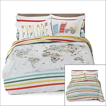 Where the Polka Dots Roam Full/Queen World Map Reversible Duvet Cover Set with 2 Pillowcases for Kid Bedding (L 90in x W 92in)