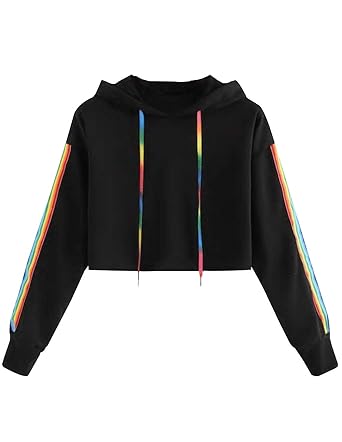 Bauchfreier Pulli Mädchen, Damen Hoodie Gestreift Patchwork Pullover Regenbogen Streifen Spleißen Langarm Kapuzen Sweatshirt 